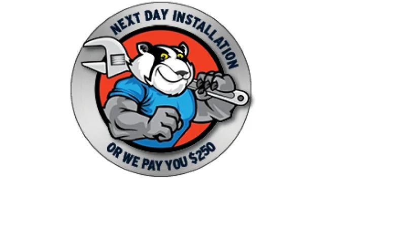Cartoon mascot holding wrench promoting next day installation guarantee with $250 payback offer