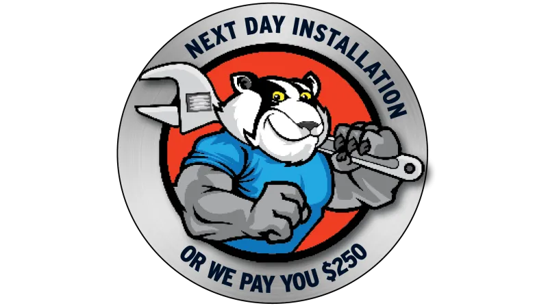 Strong badger mascot holding wrench with text next day installation or we pay you $250 badge design