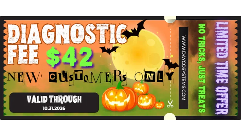 Halloween themed coupon offering diagnostic fee of $42 for new customers, valid through 10.31.2026 with pumpkin and bats