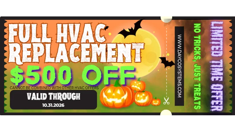 Halloween themed Halloween HVAC $500 off coupon with pumpkins, bats, and full replacement offer valid through 10.31.2026