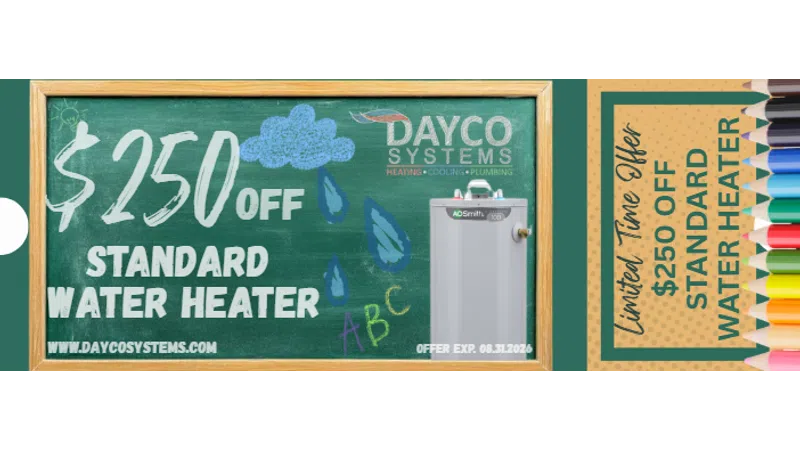 $250 off standard water heater offer on chalkboard with colorful chalk and pencils alongside