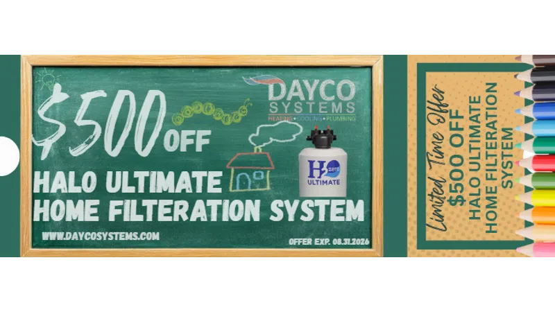 Chalkboard ad offering $500 off Halo Ultimate Home Filtration System with colorful pencils on the side.