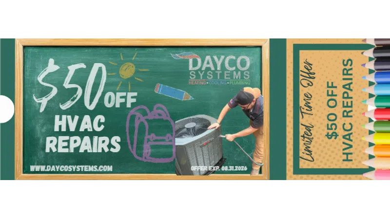Chalkboard style ad offering $50 off HVAC repairs by Dayco Systems with technician servicing AC unit and colored pencils.