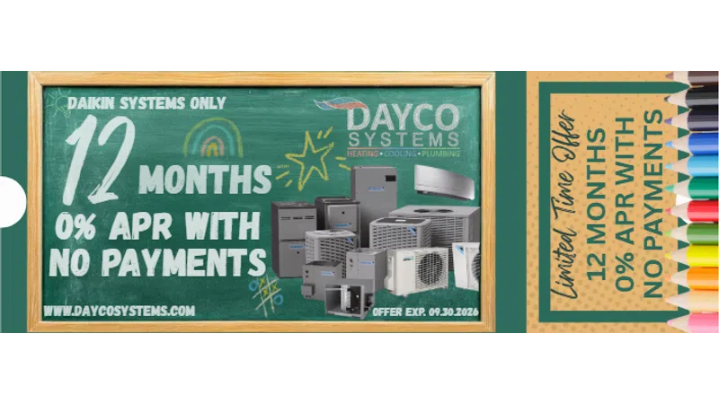 Dayco Systems heating and cooling units with 12 months 0% APR financing and no payments promotional offer.