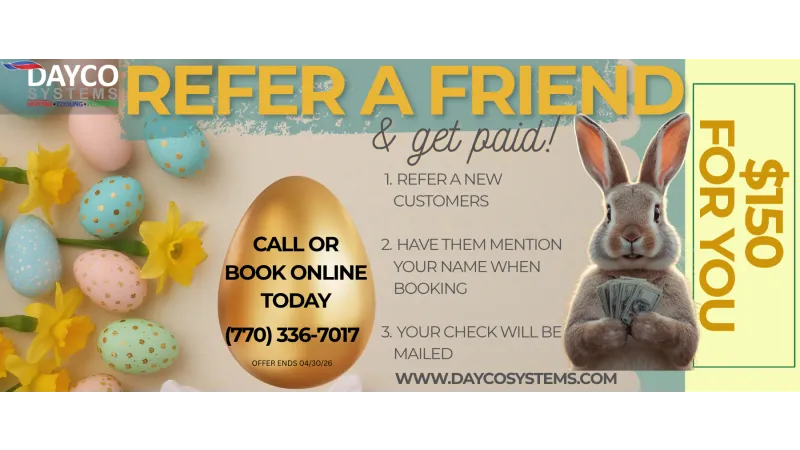 Refer a friend promotion with Easter eggs, daffodils, and a rabbit holding money for $150 reward offer.