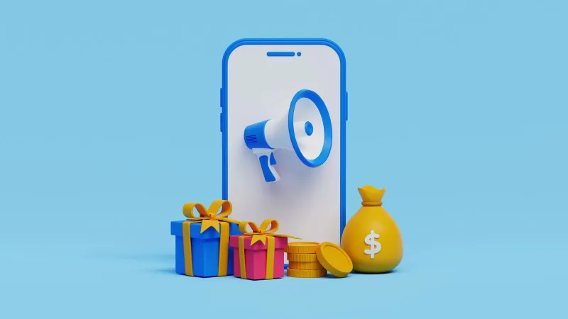 a blue cell phone with a few yellow and blue items in front of it