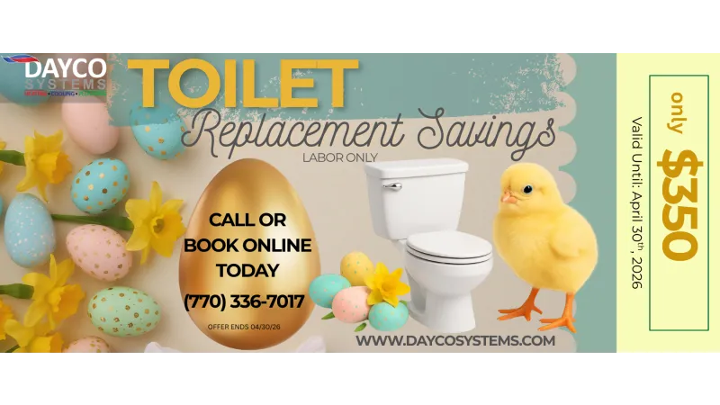 Toilet replacement savings ad with colorful Easter eggs, yellow flowers, a toilet, and a chick highlighting $350 offer valid until April 30, 2026.