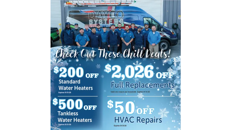 Dayco Systems team in front of a branded van promoting HVAC and water heater discount deals with snowflake graphics.