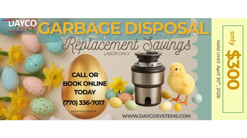 Easter-themed garbage disposal replacement savings offer with colorful eggs, yellow chick, and daffodils, $300 labor only.