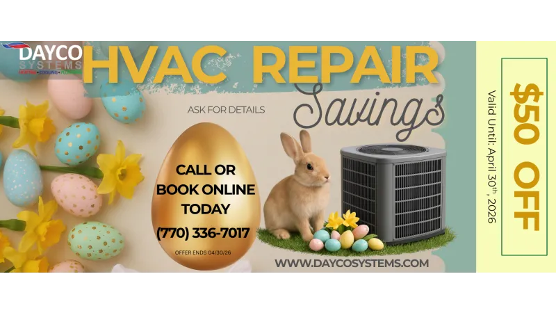 Easter-themed HVAC repair savings promotion with bunny, decorated eggs, and $50 off valid until April 30, 2026.