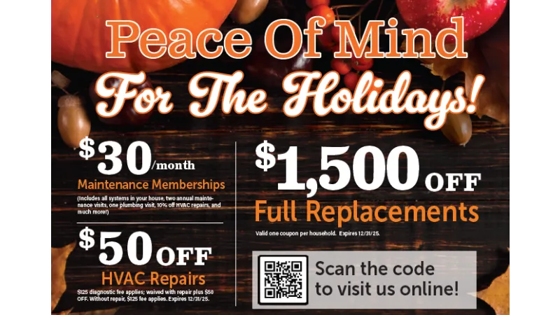 Holiday-themed advertisement offering $30 maintenance memberships, $50 off HVAC repairs, and $1,500 off replacements.