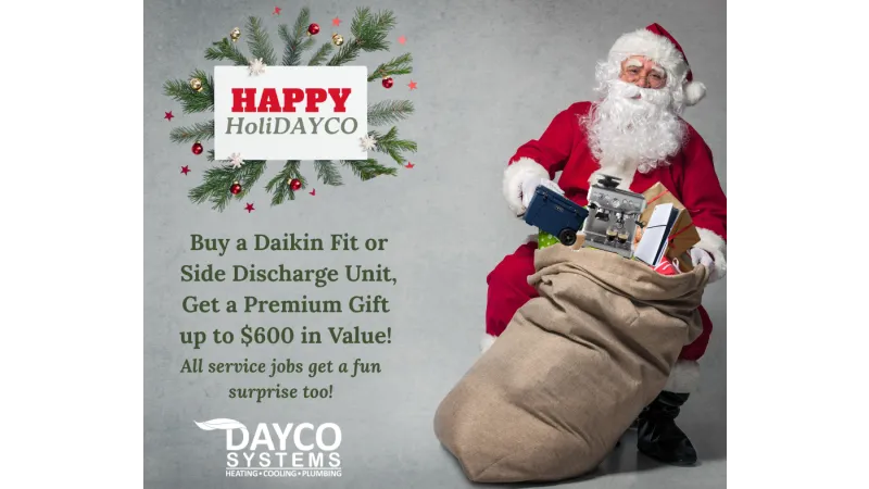 Santa with a sack of gifts promoting Daikin Fit units and premium gifts up to $600 from Dayco Systems.