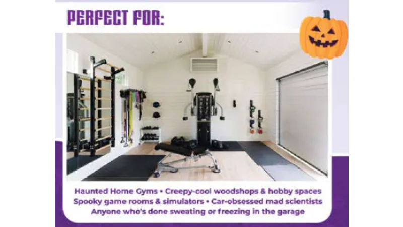 Home gym setup with fitness equipment and weights in a bright garage space, ideal for workouts or hobbies.