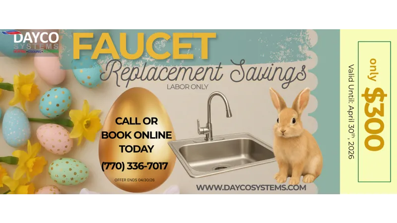 Easter-themed faucet replacement savings promo with decorated eggs, daffodils, sink, and bunny for $300 labor only.