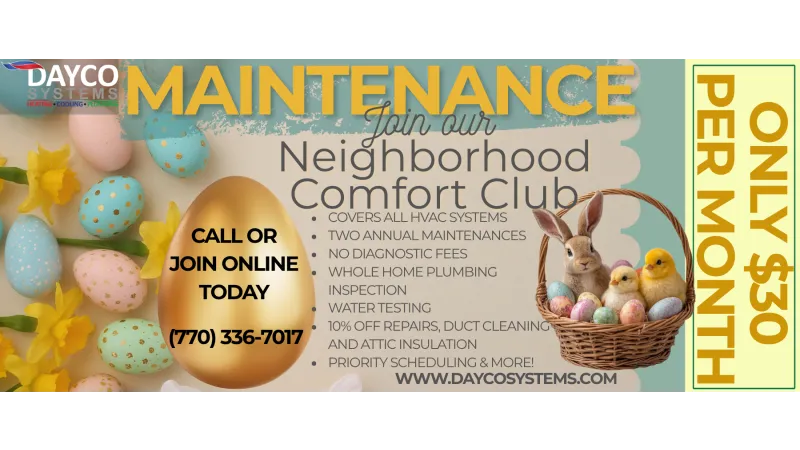 Easter-themed HVAC maintenance ad with colorful eggs, flowers, bunny, and offer for $30 per month.