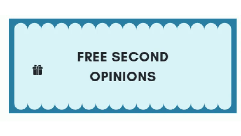 Blue coupon with scalloped edges offering free second opinions with a gift icon.