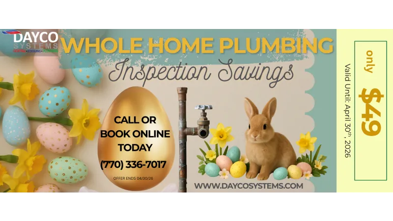 Easter-themed plumbing inspection ad with bunny, colored eggs, daffodils, and discounted $49 offer valid until April 30, 2026.
