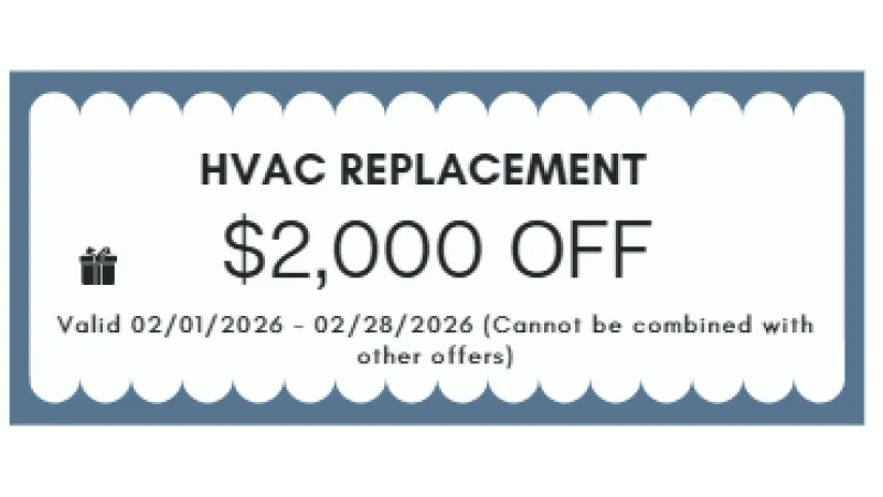 Valentine's Day HVAC and water heater service discounts with couple holding a gift and hearts background.