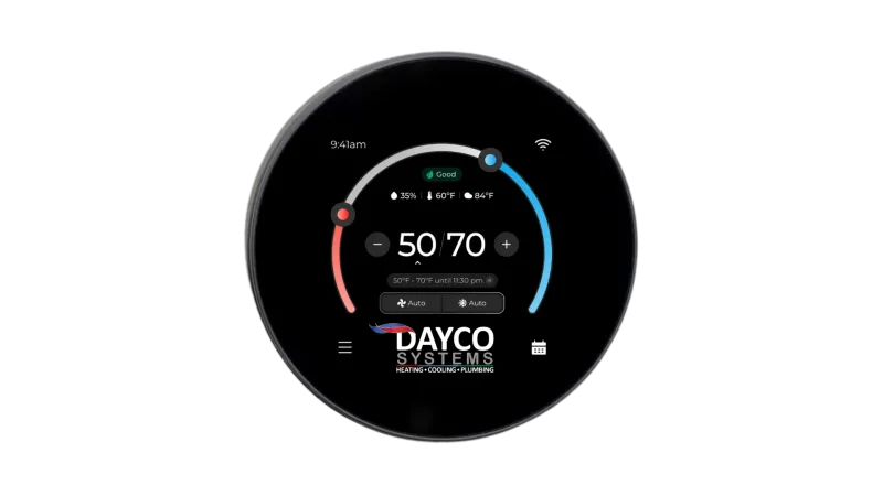 Round digital thermostat displaying temperature set to 50-70°F with humidity and air quality indicators.