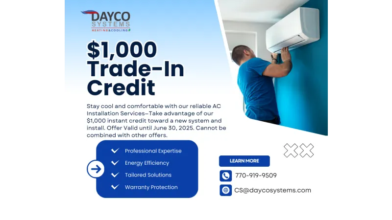 Technician installing wall-mounted air conditioner promoting $1,000 trade-in credit on AC installation services.