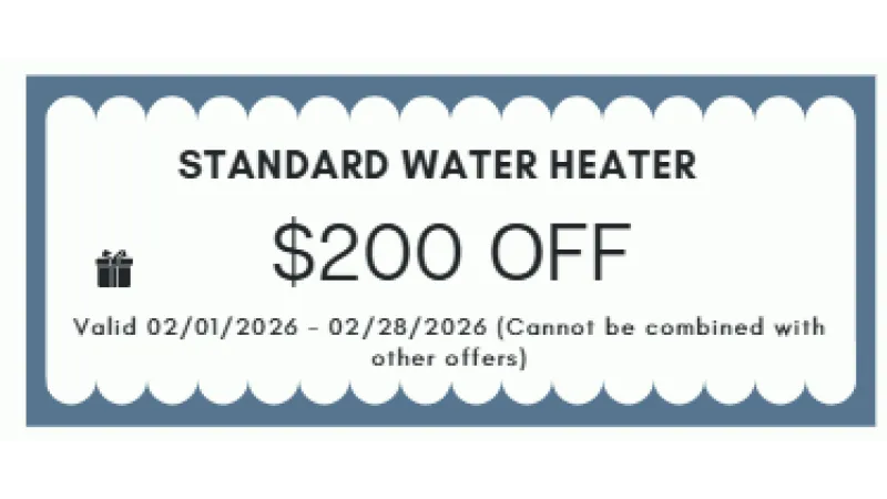 Coupon offering $200 off on standard water heaters, valid from Feb 1 to Feb 28, 2026.