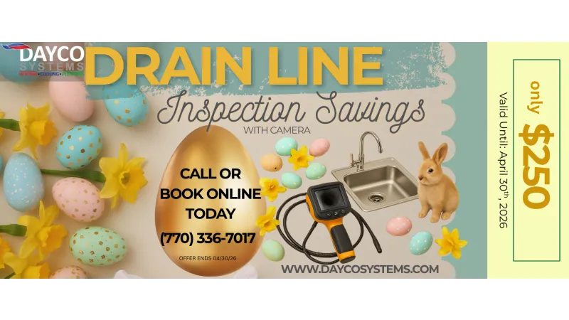 Spring-themed drain line inspection savings ad with camera, Easter eggs, flowers, and a bunny, $250 offer.