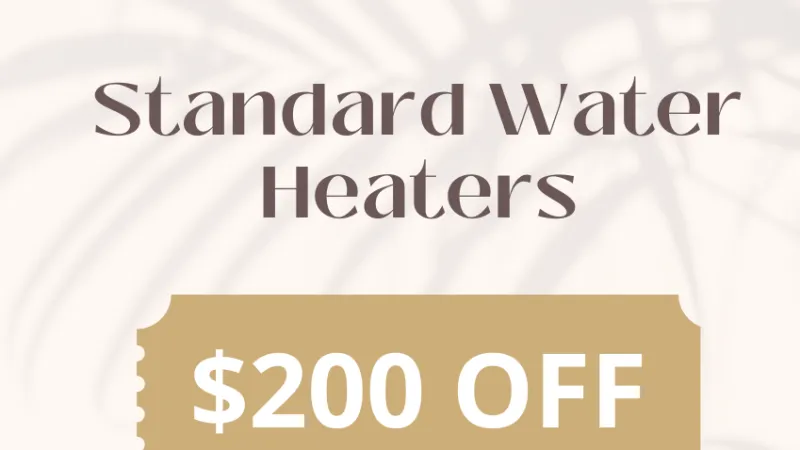 Discount offer image for $200 off on standard water heaters, valid until December 31, 2025.