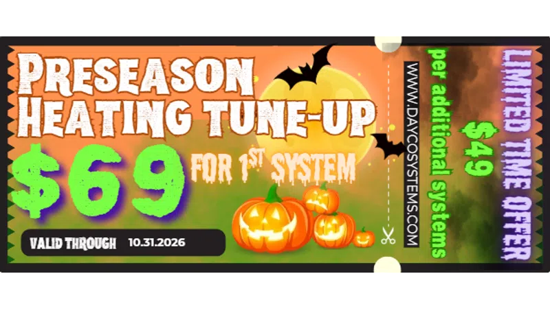 Preseason heating tune-up offer $69 for 1st system, $49 for additional systems, valid through 10.31.2026 with Halloween theme.