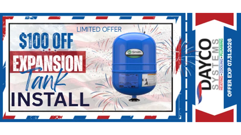 Limited offer $100 off expansion tank install with blue tank and patriotic design by Dayco Systems.
