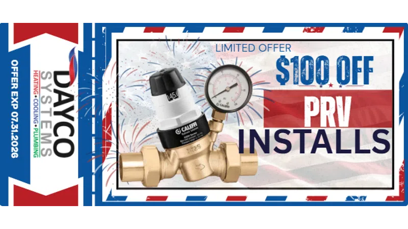 Limited offer on PRV installs with $100 off, featuring a pressure relief valve and gauge over a patriotic background.
