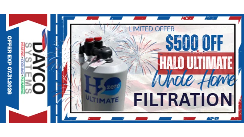 $500 off Halo Ultimate whole home filtration system limited offer with patriotic design and Dayco Systems logo.