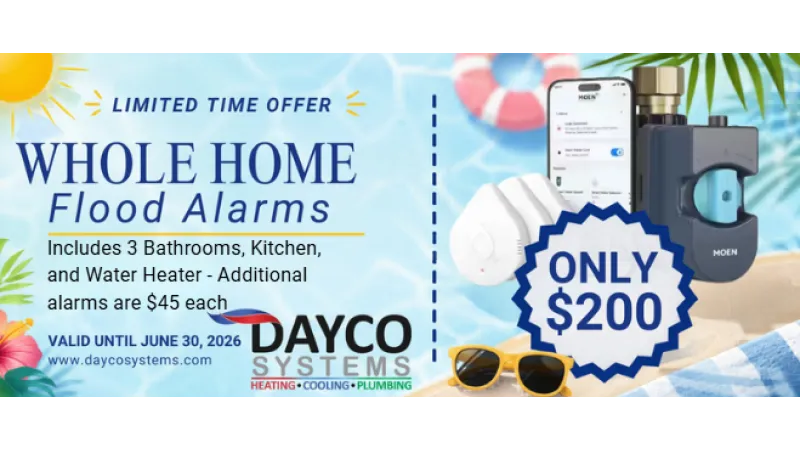 Whole home flood alarm system offer for bathrooms, kitchen, and water heater at $200, valid until June 30, 2026.