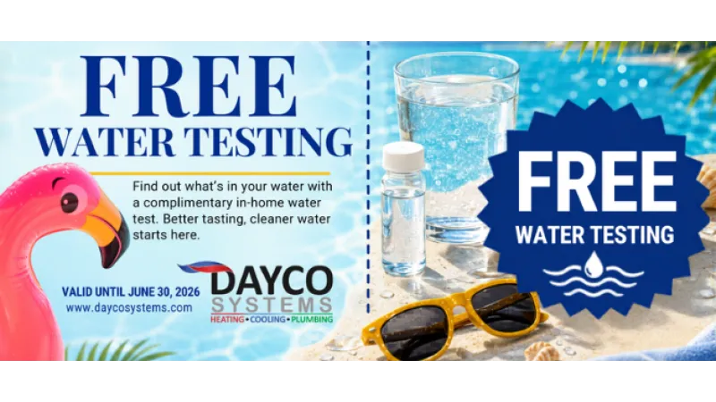 Free water testing promotion with summer beach items and Dayco Systems logo, valid until June 30, 2026.