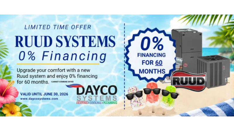 Ruud Systems 0% financing offer for 60 months with summer-themed background including popsicles and beach elements.