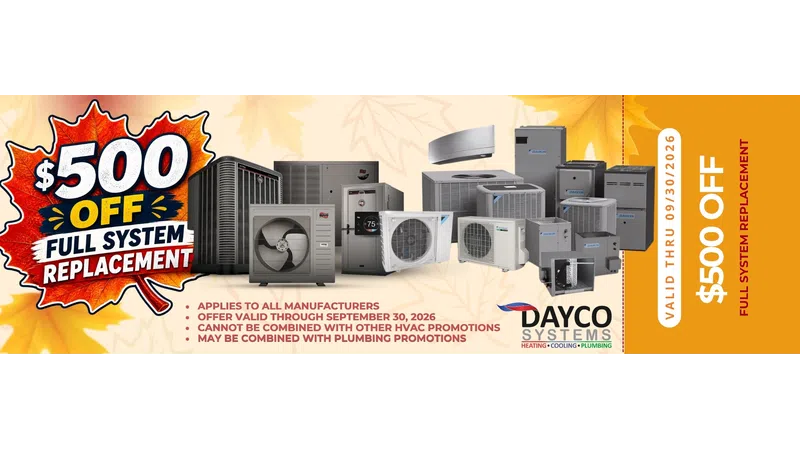 Promo banner offering $500 off full HVAC system replacement with various units and fall leaf graphic.