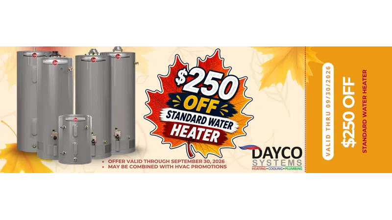 $250 off standard water heaters promotion with multiple water heater models and autumn leaf design.