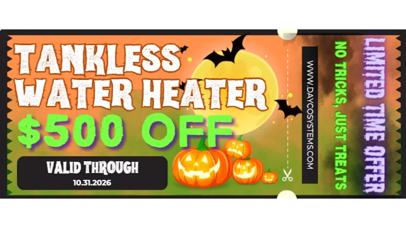 Halloween-themed $500 off promotion for tankless water heaters with pumpkins, bats, and moon background.