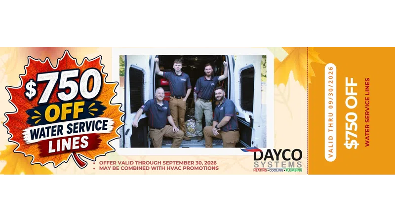 Four technicians posing inside a service van with $750 off water service lines promotion valid through September 30, 2026.