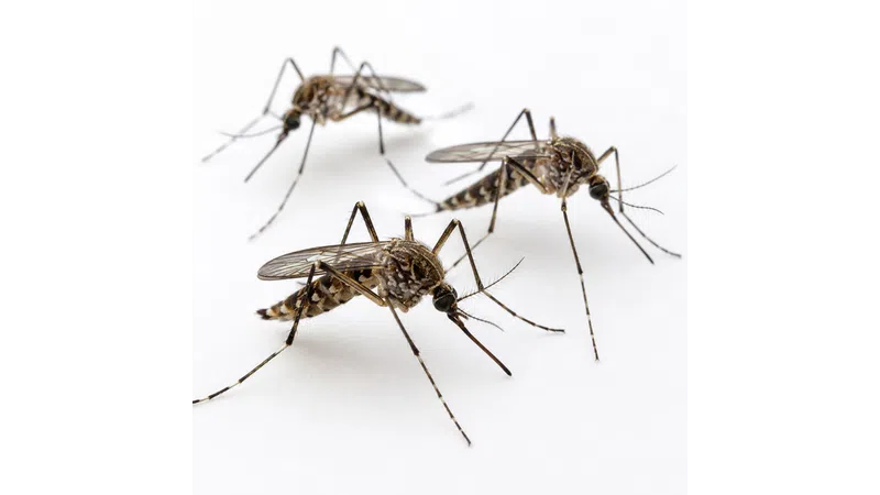 Close-up of three Aedes mosquitoes with striped legs and bodies on a white background.