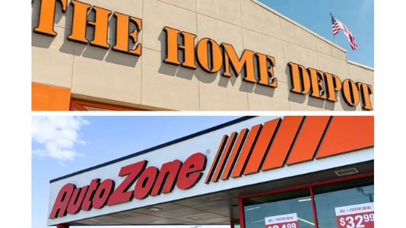 Storefront signs of The Home Depot and AutoZone under blue skies, highlighting distinct brand logos and colors.