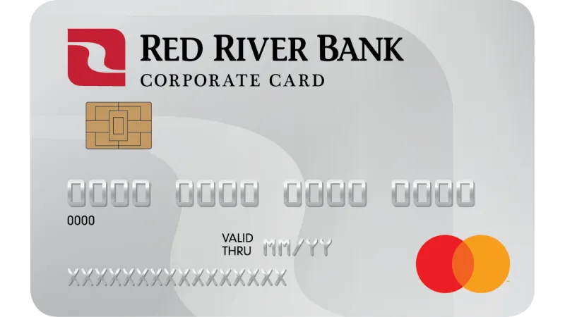 Red River Bank Corporate Mastercard with chip, branding, and masked card numbers on a silver background