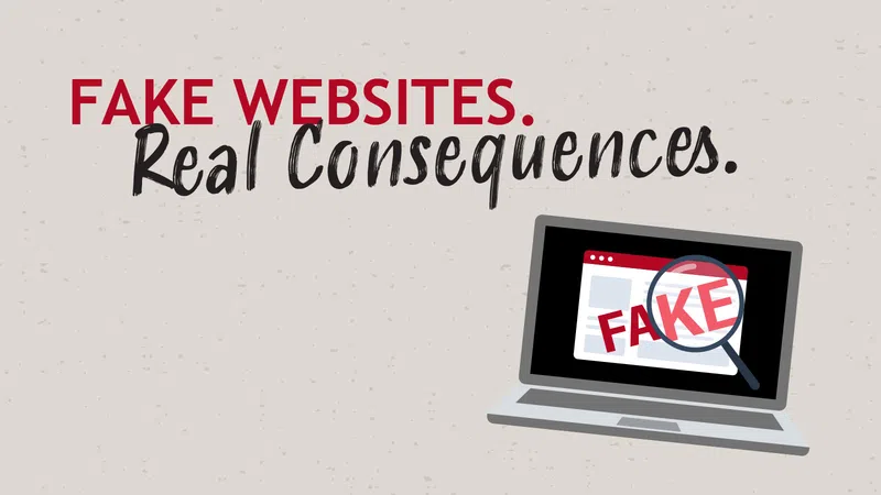 Fake websites and real consequences warning with laptop showing magnifying glass over the word FAKE.