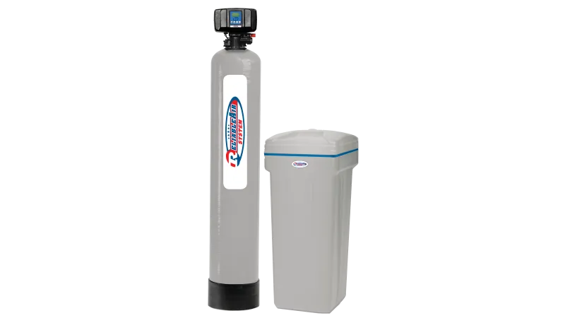 Reliablt Air System water softener unit with a tall resin tank and a brine tank side by side on a white background.