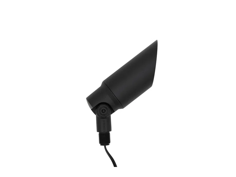 Black outdoor spotlight with adjustable head and wired base isolated on white background