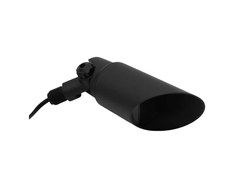 Black adjustable outdoor spotlight with sleek conical design and attached power cable on white background