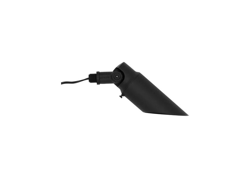 Black angled outdoor spotlight with adjustable head and wired power cord on white background.
