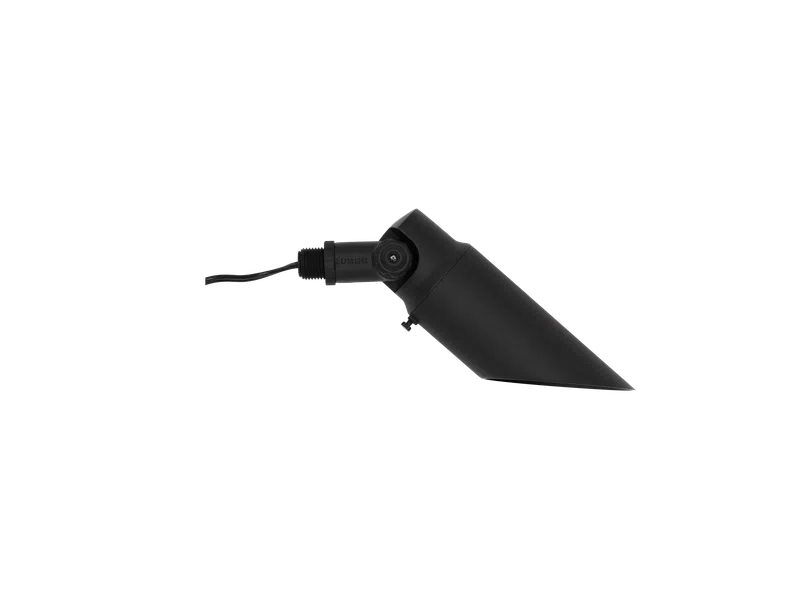 Black angled outdoor garden spotlight with cable attachment on a transparent background.