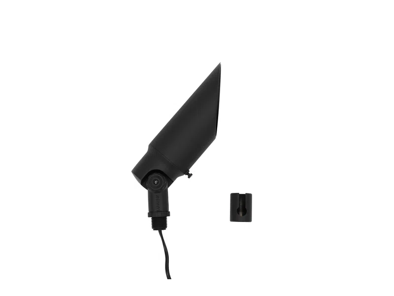 Black outdoor spotlight fixture with adjustable head and mounting bracket on white background.
