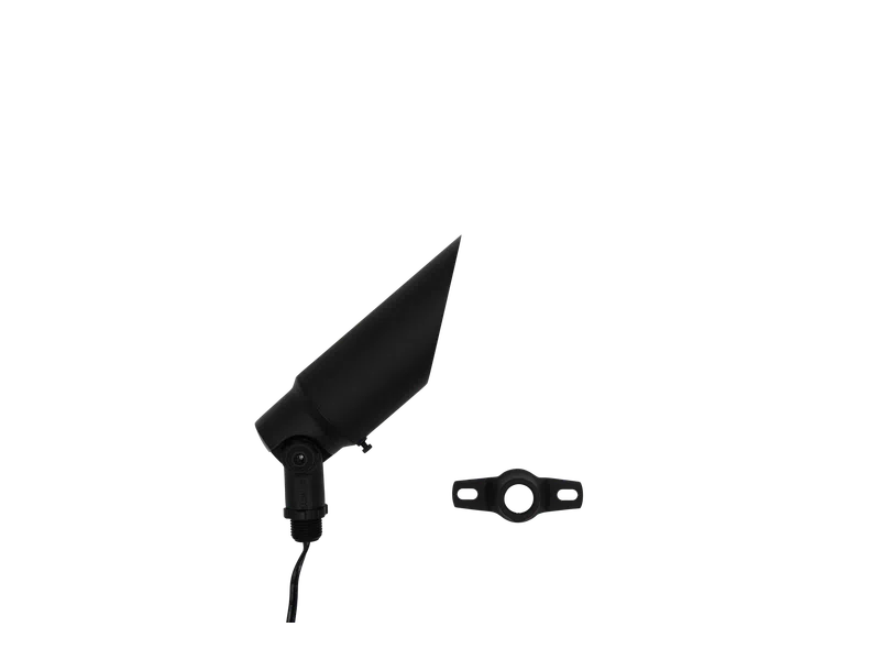 Black outdoor landscape spotlight with adjustable mount and separate mounting bracket on white background