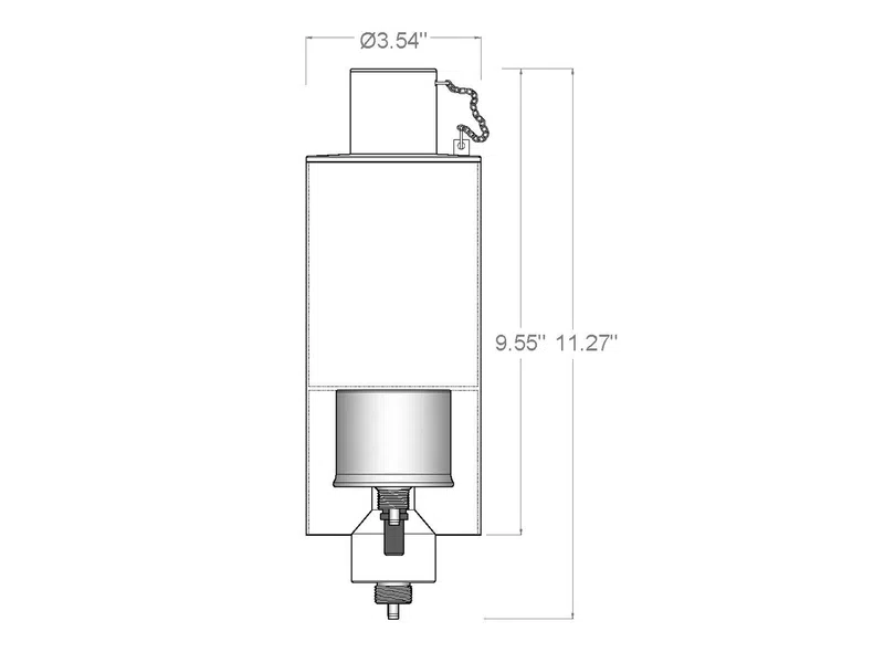 Technical diagram of a cylindrical device showing detailed dimensions including height and diameter with attached components.